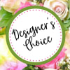 Floral background with a circular label reading "Designer's choice"