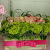 green hydrangeas, pink roses, lily grass and butterflies.