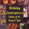 Holiday centerpiece collage with pumpkins, autumn florals, and a lantern