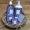 Gift basket with lavender soap, lotion, and a room fragrance box