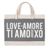 Canvas tote bag with the words LOVE AMORE TI AMO AMOUR XOXO