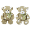 Two plush teddy bears with green bows on a plain background.
