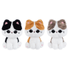Three plush cat toys in black, orange, and gray sit side by side.