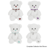 Four white teddy bears with colored heart accents and collars on a green background.
