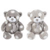 Two plush teddy bears with gray and cream fur and ribbon bows