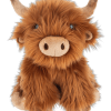 Plush brown highland cow toy with horns and a shaggy coat