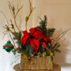 Poinsettia arrangement in a wicker basket with a hanging ornament