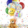 Teddy bear holding colorful get-well balloons