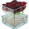 5" square vase Black Magic Roses and river stones