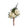 White rose boutonniere with greenery and a pink wrapped stem