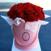 Red roses arranged in a pink hatbox with white tissue paper