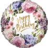 Round floral birthday balloon with pink and purple flowers and gold text