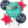 Birthday balloon bouquet with two round balloons and two star balloons