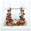 Classic urn arrangement with abundant red roses, white-pink lilies, dark burgundy foliage