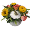 Pumpkin-shaped floral arrangement with sunflowers and roses