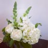 Compact white rose and hydrangea arrangement with snapdragon spikes in a glass vase