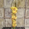 Yellow orchids in a tall glass vase with decorative feathers