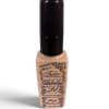 Beige nail polish bottle with a black cap and printed label