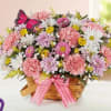 All-around arrangement with pink Matsumoto asters, carnations, yellow button poms and white