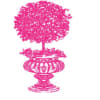 Pink line-art illustration of a round topiary tree in an ornate pedestal urn