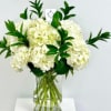 White hydrangea bouquet in a clear glass vase