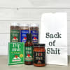 Assorted condiment jars and a white gift bag with bold text.