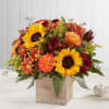 Autumn bouquet with sunflowers, roses, and mums in a wooden box
