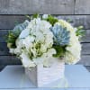White floral arrangement in a square white vase with blue succulents