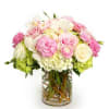 Round arrangement of pink and white roses, hydrangeas, and other blooms in a clear glass cylinder vase
