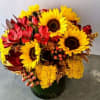 Bouquet of sunflowers, red alstroemeria, and yellow mums in a dark vase