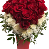 Premium red roses and white spray roses lined with babies breathe and