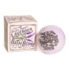 Lavender bath bomb beside its labeled box
