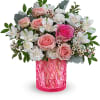 Pink and white bouquet in a bright pink textured vase