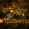 Halloween greeting graphic with pumpkins, ghosts, a cat, and a crow