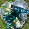 White rose bouquet with teal ribbon and lace trim