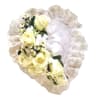 Cream rose bouquet with white filler flowers and a ruffled wrap