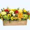 A classic long &amp; low centerpiece in fall colors-- perfect for a