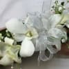White orchids with babies breath corsage. The deluxe version includes a matching