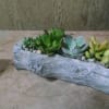 Succulent arrangement in a faux wood planter beside a clear glass votive holder