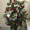 Standing floral spray with red roses and white lilies