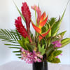 Tropical flower arrangement in a black vase with red and orange blooms