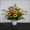 An explosion of summer flowers--
Sunflowers, delphinium, campanula, roses, veronica, ammi majus, and