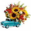 Fall arrangement in blue truck. Buy it this fall and come back