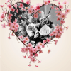 Heart-shaped floral design with pink blossoms around a black-and-white bouquet