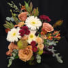 Bouquet of peach roses, white gerbera daisies, and burgundy mums