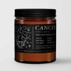Amber jar candle with a black label reading Cancer