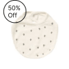 Cream-colored baby blanket with small gray cross pattern and a 50% off badge