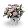 Pink and white mixed bouquet in a ghost-shaped mug vase