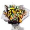 Bouquet of sunflowers and mixed orange-yellow flowers wrapped in paper