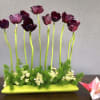 Purple flowers on tall stems in a lime green rectangular vase